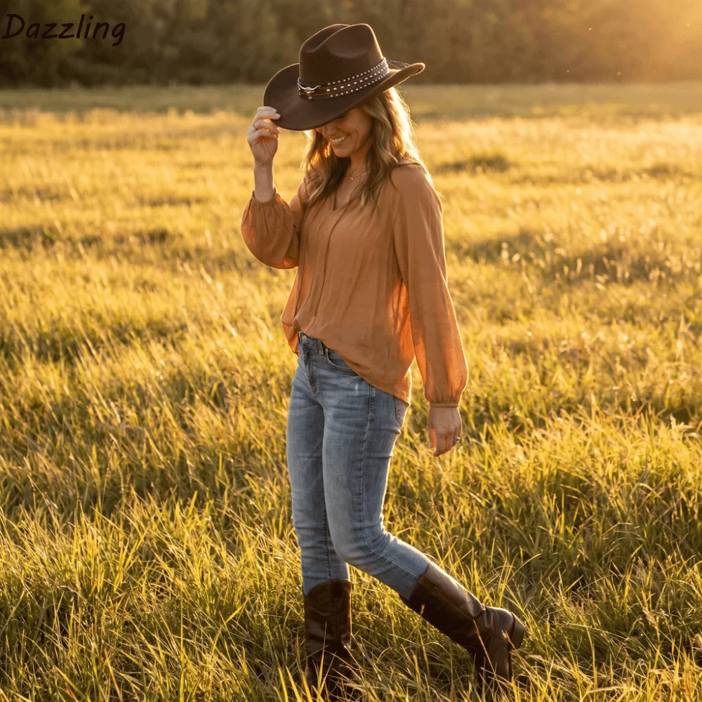 Vintage Rivet Western Cowboy Hat Wide Brim Soft Felt Cowgirl Hat Windproof Design Leather Strap Sun Hat Theme Party