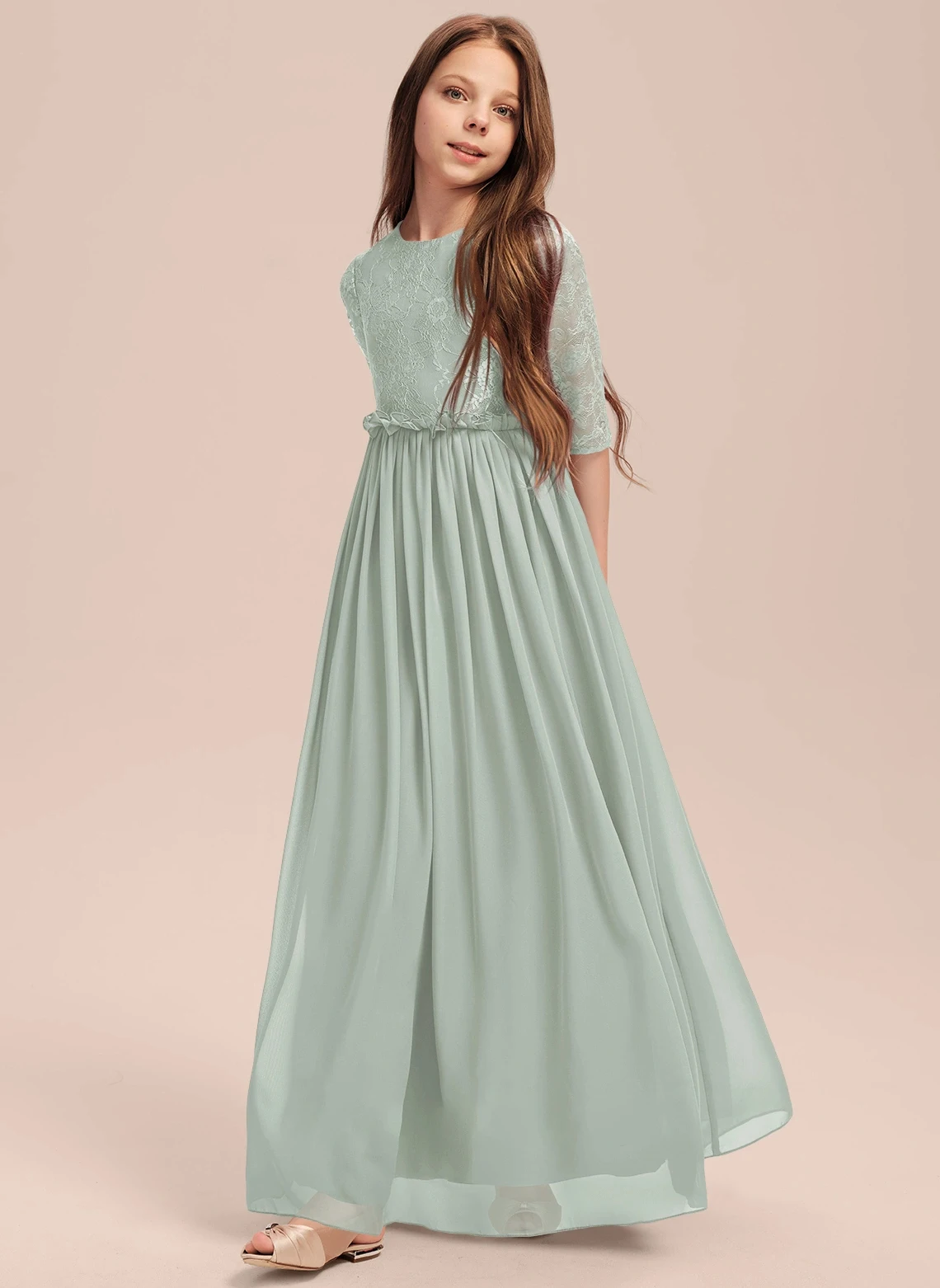 

Flower Girl Dresses A-line Scoop Floor-Length Chiffon Junior Bridesmaid Dress With Pleated First Communion Dress