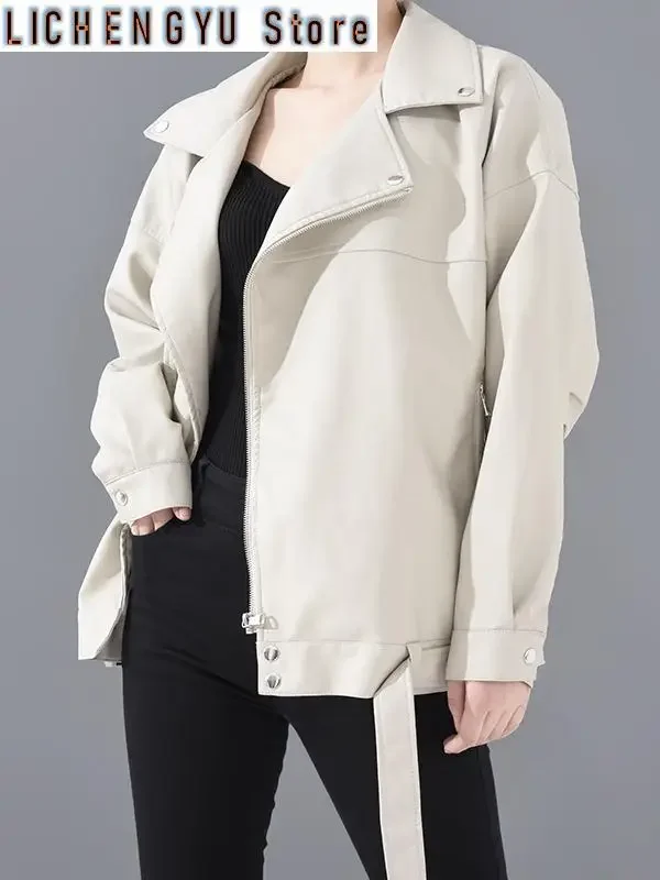 

High Quality Spring Black PU Leather Loose Turn-down Collar Zipper Fashion New Women's Wild Jacket