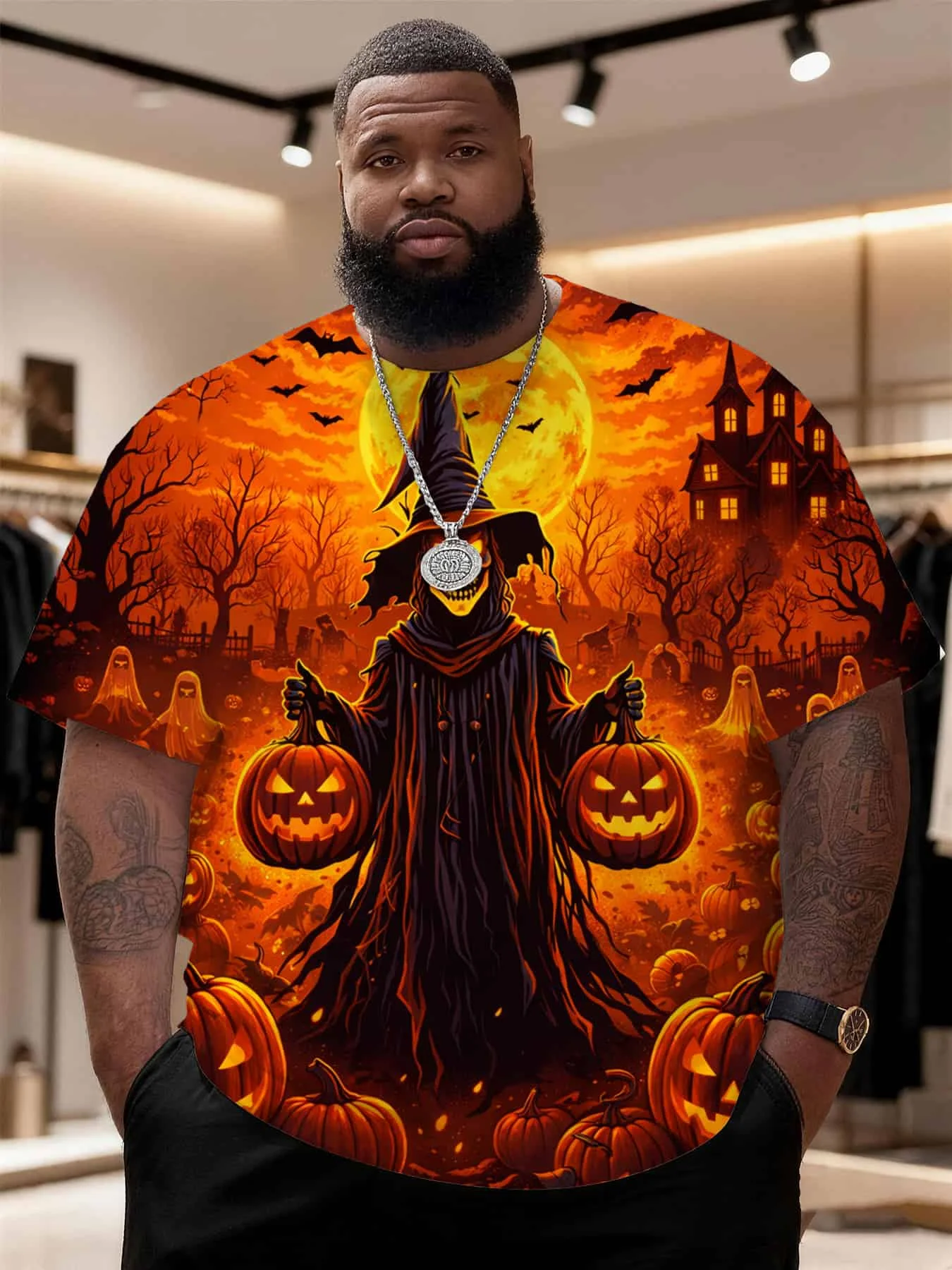 Men Short Sleeve T‑Shirt 3D Scarecrow Witch Pumpkin Ghost Castle Moon Print Halloween Gothic Casual Party Top