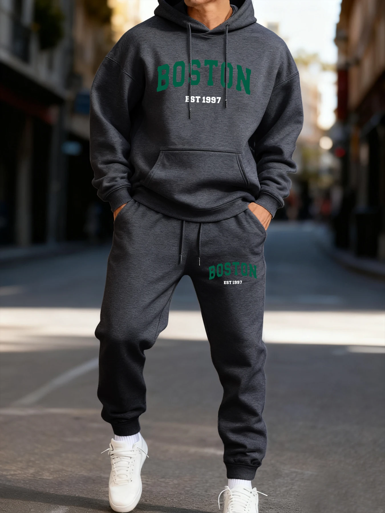 Boston Letter Simple Printing Man Hoodie Set Winter Sporty Two Pices Sets Long-Length Street Clothes Couple'S Casual Hoody