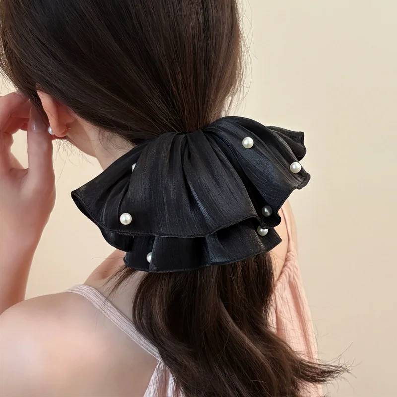 الراقية سوبر الجنية تقليد اللؤلؤ شبكة عقال مع مطوي الملمس الأزهار الشعر حبل ذيل حصان التبعي #5