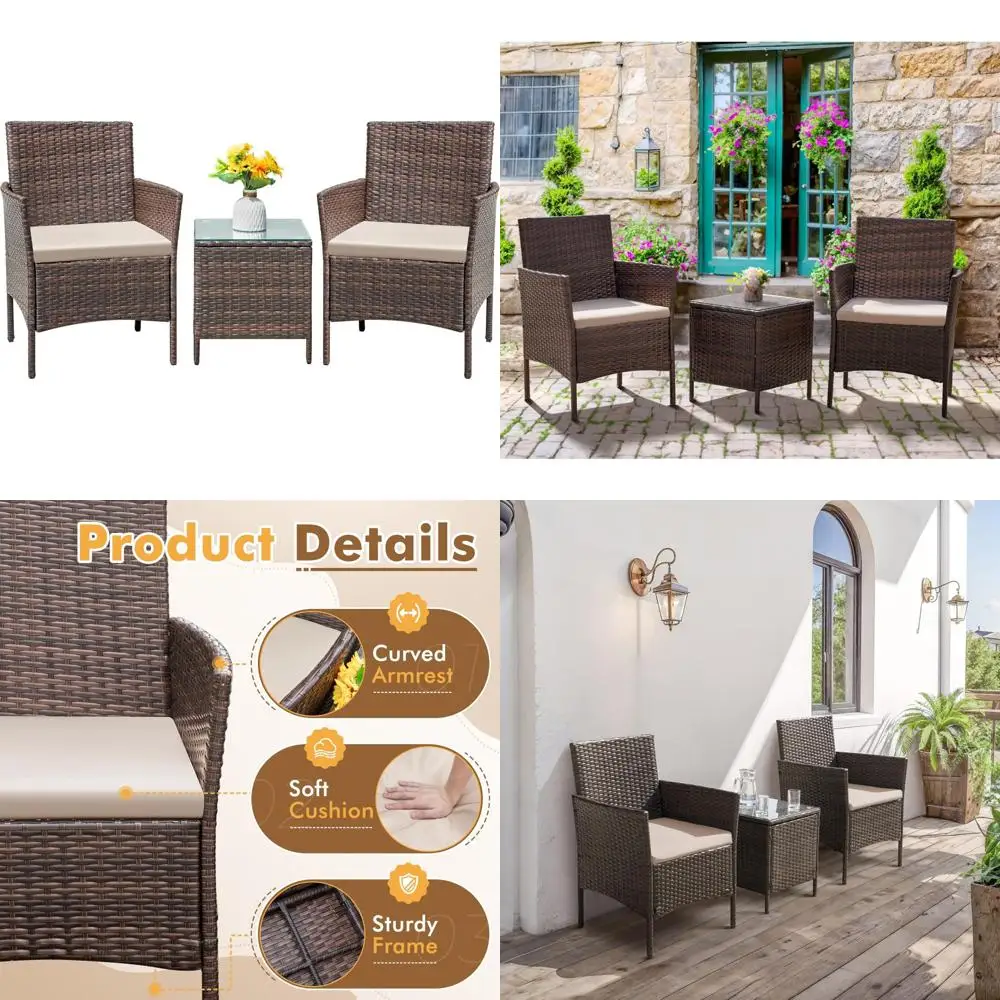 3-Piece All-Weather Rattan Outdoor Furniture Set with Tempered Glass Table for Patio and Bistro Use