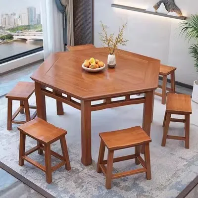 Pizarra de madera maciza, combinación de mesa y silla hexagonal, mesa hexagonal para tienda de fideos