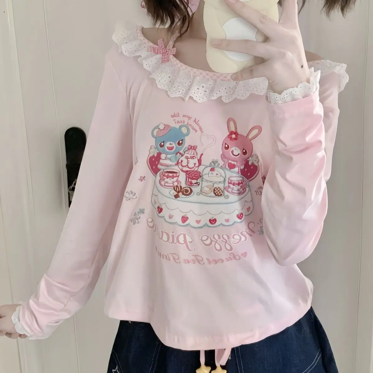 Japanese Sweet T-shirt Cartoon Print Long-Sleeve Top Fake Two-piece Tees Short Skirt Kawaii Women Casual Y2K Retro Streetwear