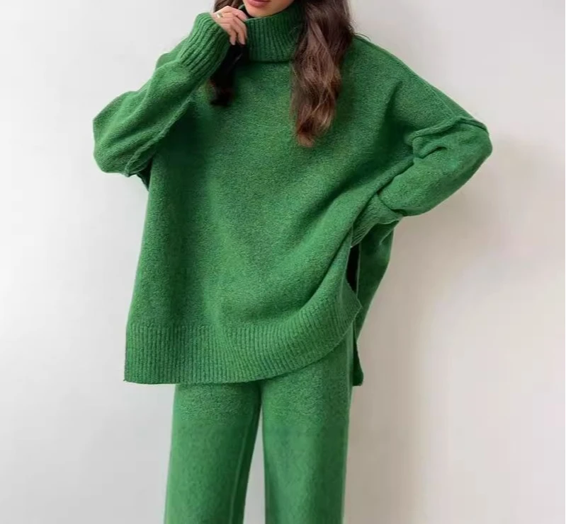 Fall/Winter Loose-Weave Casual High-Neck Sweater Set and Lazy Thick Knitted Pants Set