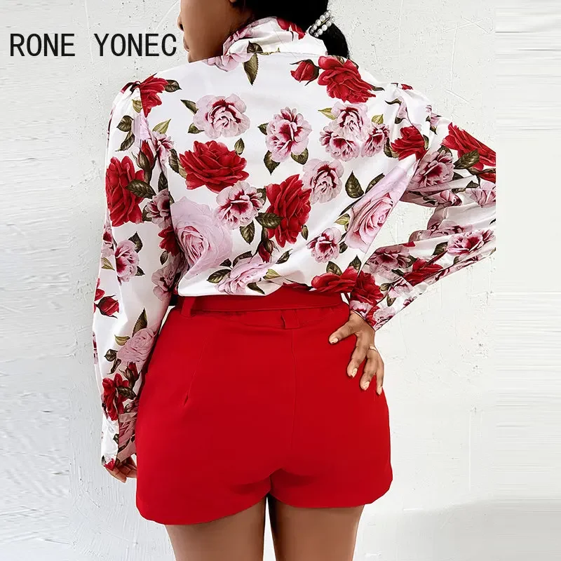 Women Casual Allover Floral Print Top & Solid Bottom Long Puff Sleeves with Belt Short Sets