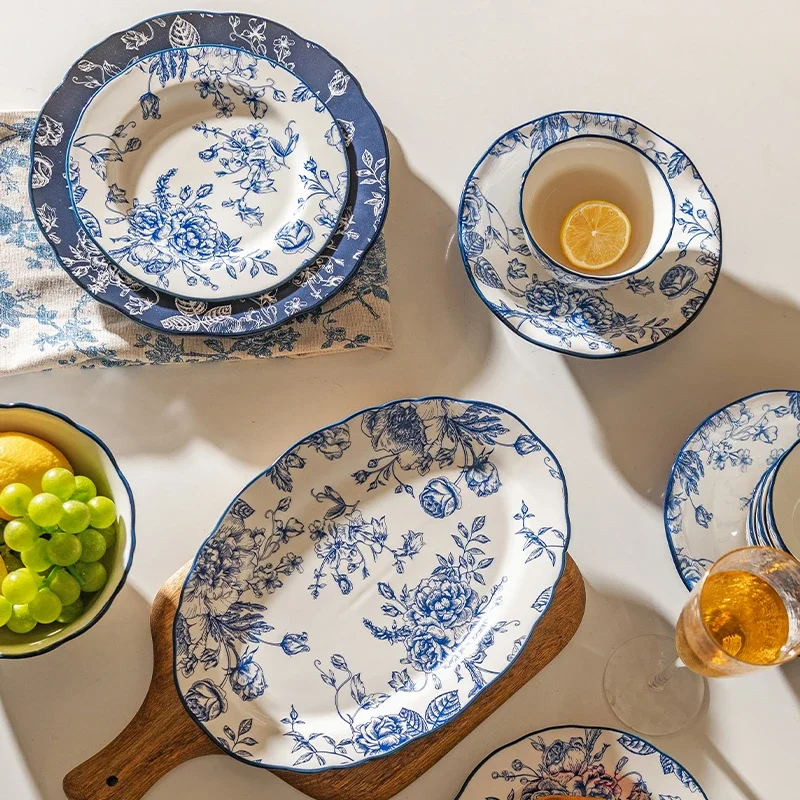 Pastoral Style Plate Set Plant Flowers Series Dinner Plate Steak Pasta Dishes Dessert Salad Soup Tableware Vintage Ceramic Plate