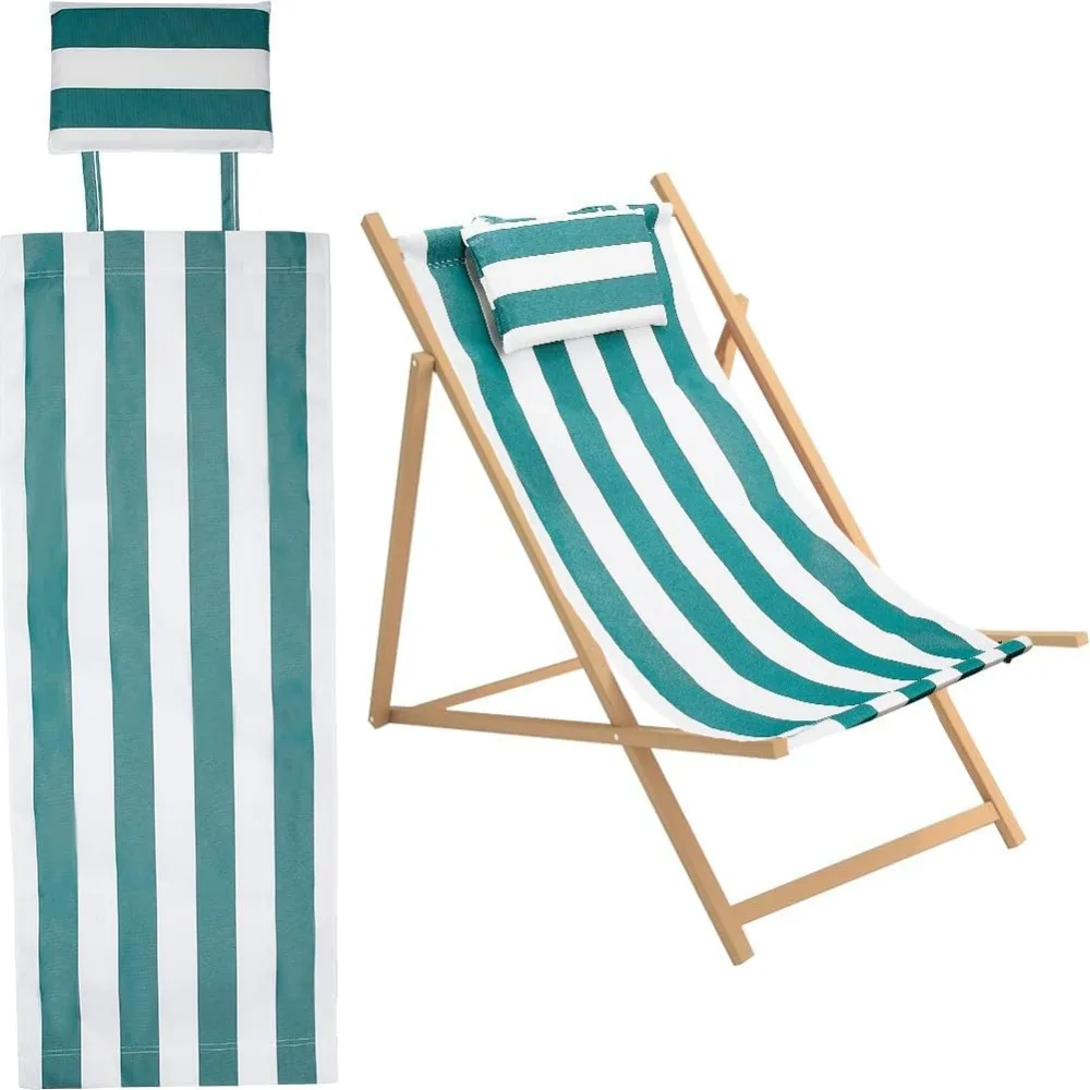 

Beach Sling Chair Canvas Cloth with Pillow 44x17 Green and White Stripes Casual Lounge Chair Replacement Canvas Outdoor Folding