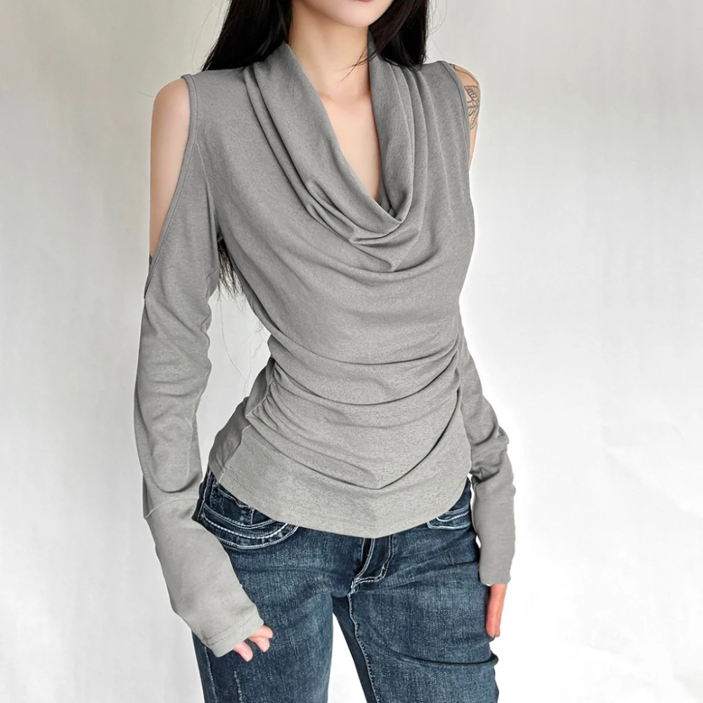 تي شيرت كاجوال على الموضة للسيدات بياقة متأرجحة وتصميم مجوف وأكمام طويلة للشارع متعدد الاستخدامات وبسيط وأساسية كلاسيكية