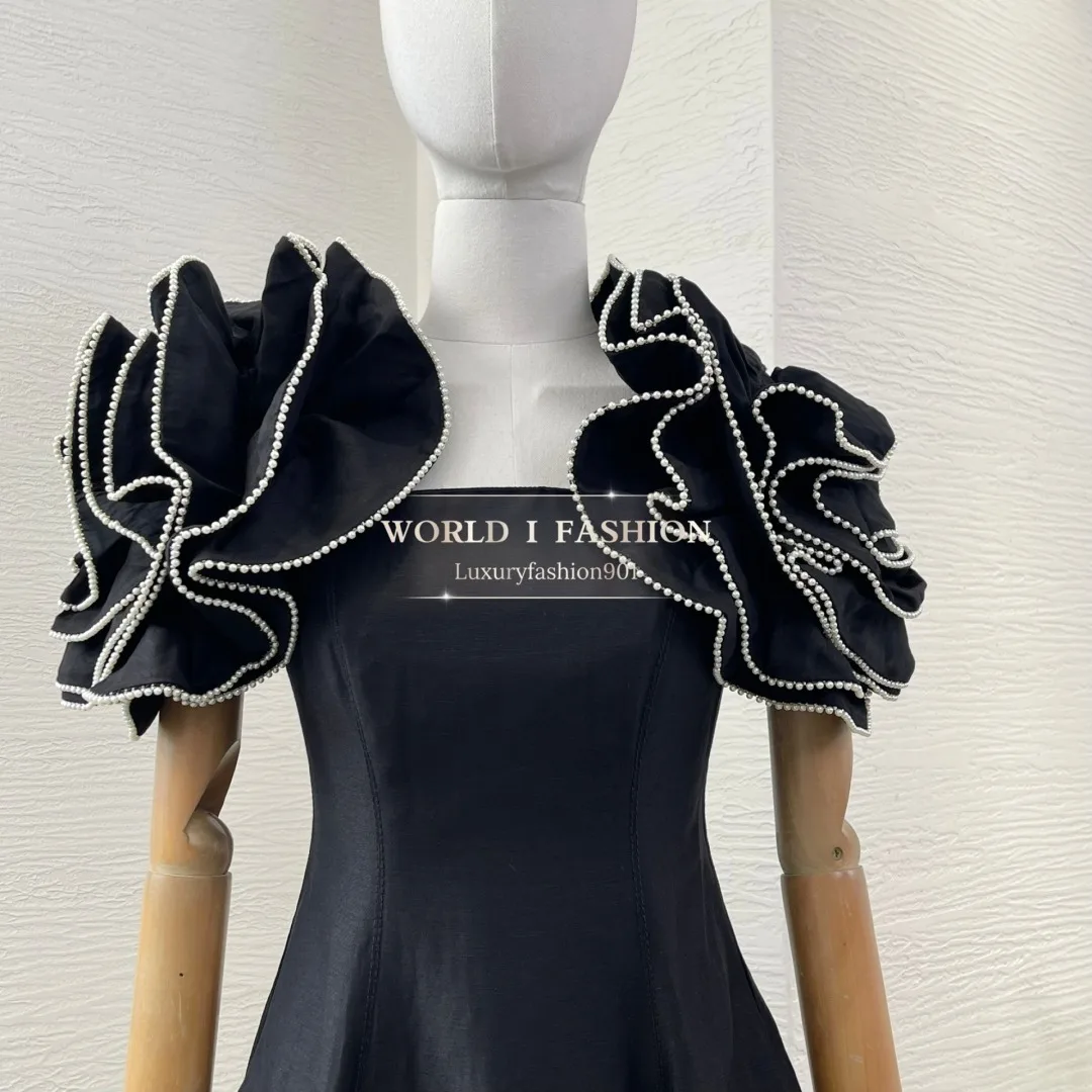 

Flowers Appliqued Pleat Backless Beading Midi Dress 2025 New Black Short Sleeve