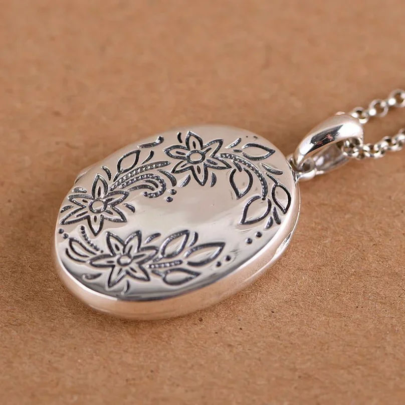 

Real S925 Sterling Silver 925 Vintage Classical Oval Plant Carved Fashion Photo Clip Necklace Pendant Men Women Fine Jewelry