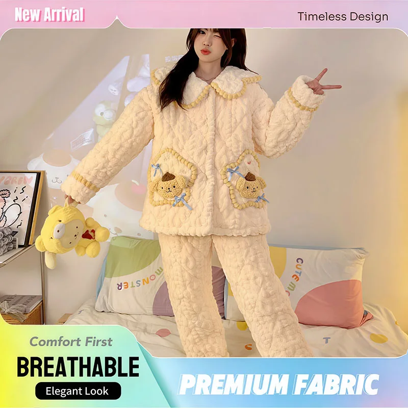 

Теплые зимние пижамы Sanrio Pompompurin Pochacco, японский мультяшный стиль, милый худи из кораллового флиса, женская домашняя одежда для сна и отдыха на улице