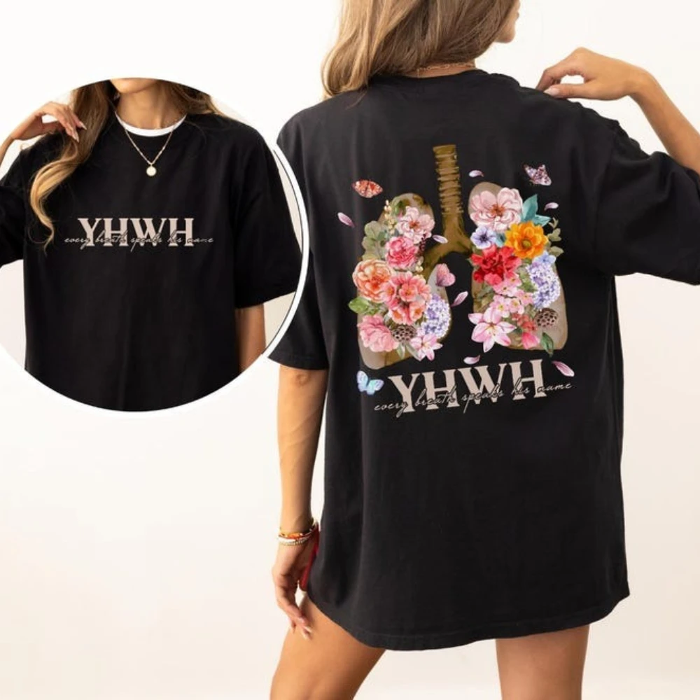 YHWH Lungs Shirt Blumenmuster Christliches Damen-T-Shirt Blumenmuster Lungs Kreatives Design Tee YHWH Faith Breathe Shirt Modische Freizeit-Tops