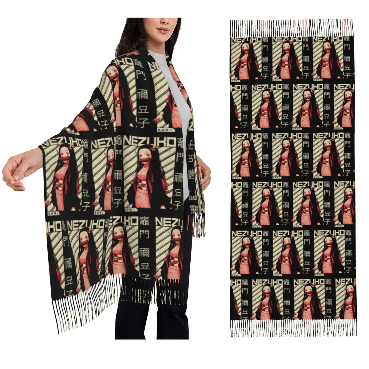 

Nezuko Kimono Demon Slayer Kimetsu No Yaiba Anime Scarf Tassel Scarves Women Shawls and Wraps Long Fall Winter Shawl Wrap