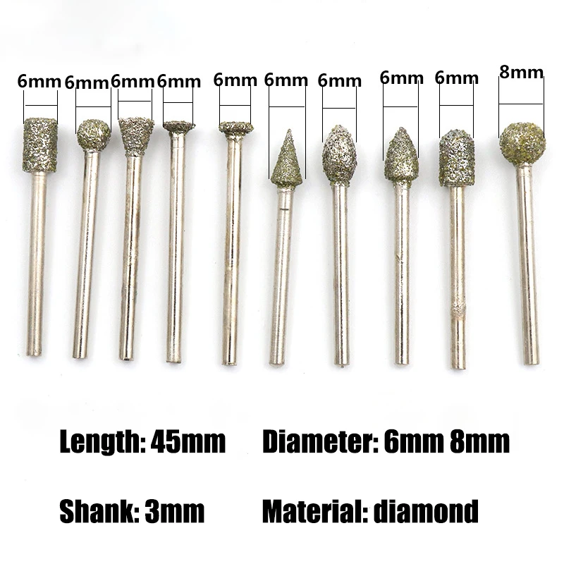 10 pz mola diamantata mista testa 3mm gambo 46 # lucidatura frese Abrasive punta da trapano montata per utensili rotanti Dremel