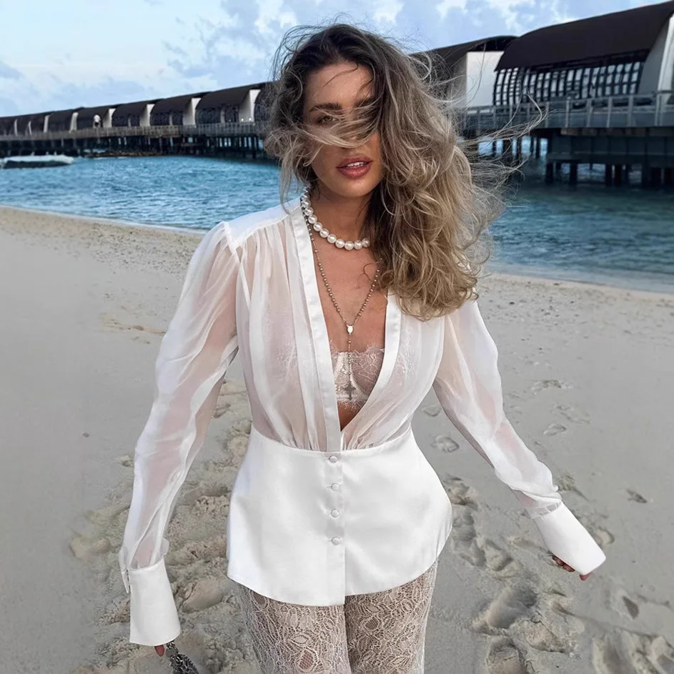 

2026 New Patchwork Sheer Blouse Women Summer Fashion Long Sleeve V Neck Sexy Shirts Blouses Lady Elegant Tops Casual Streetwear