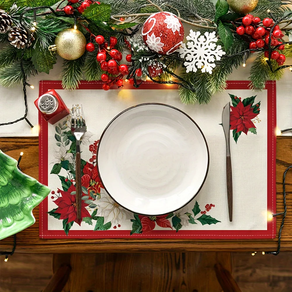 VIKAMA 2027 Placemat Red White Poinsettia Holly Berry Red Border Table Placemat Dinner Mats Merry Christmas Home Decor