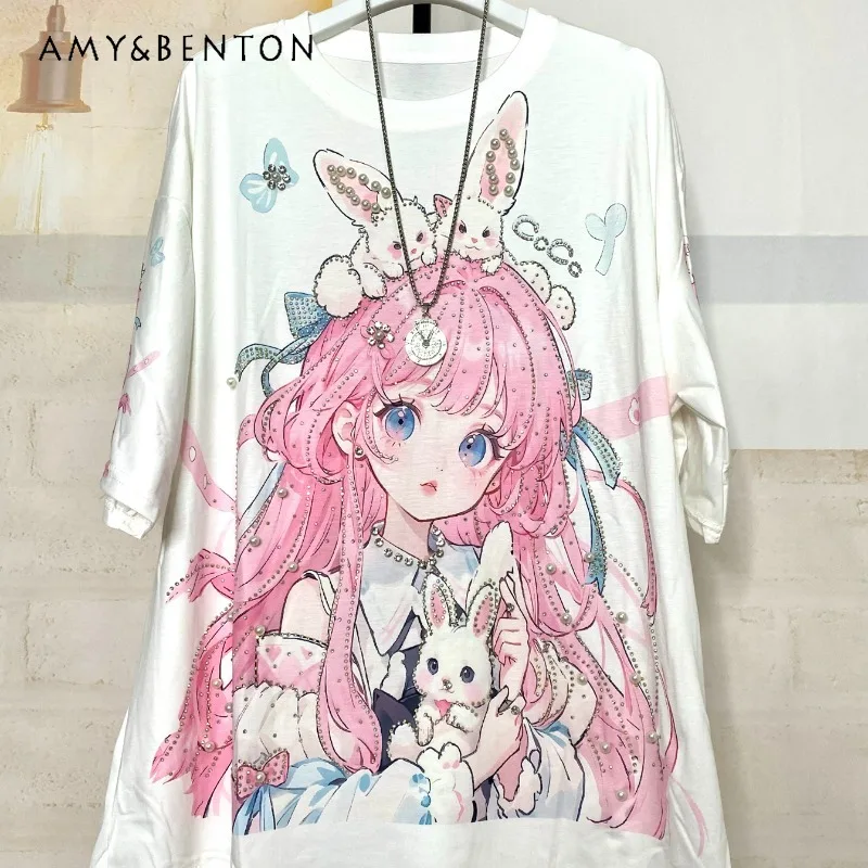 Summer New Heavy Industry Beads Cartoon Rabbit Girl Printed Loose Short Sleeves Tshirt Female Versatile Slimming Top Y2k Clothes