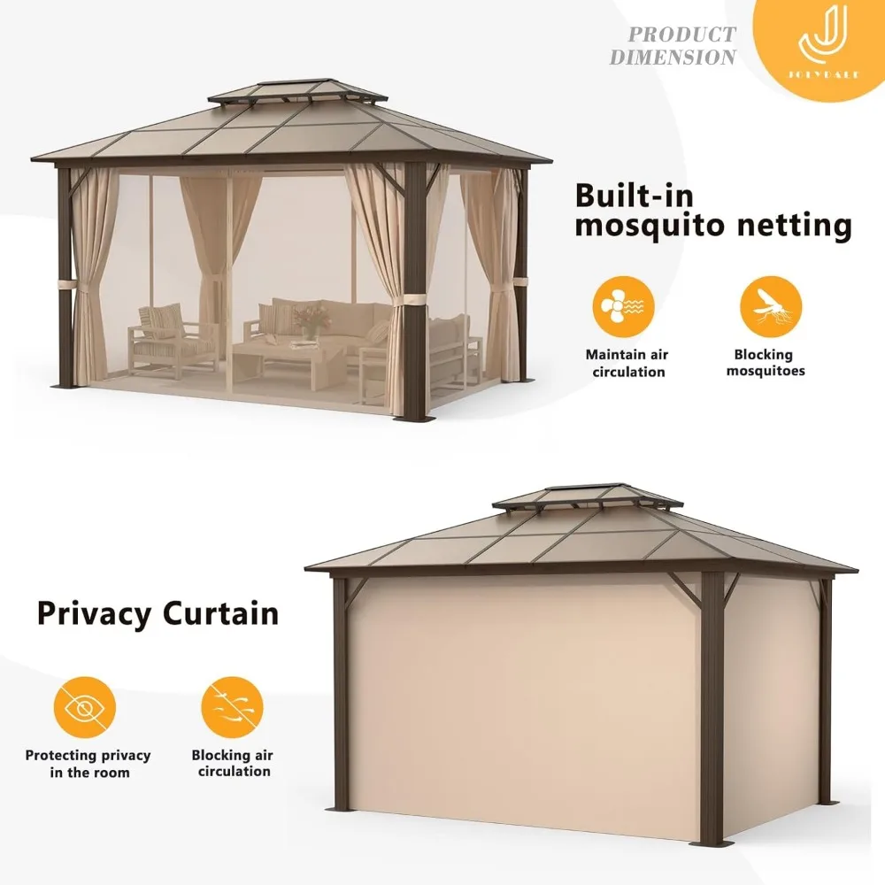 10'x12' Hardtop Gazebo, Double Roof Gazebo, Aluminum Frame Permanent Pavilion with Netting and Curtains, Polycarbonate Gazebo