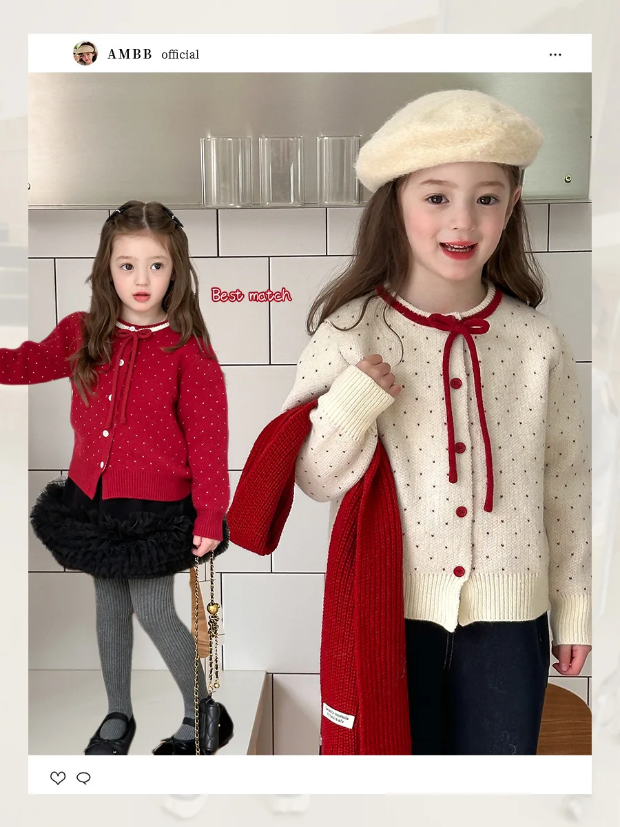 

Children's Bow-Tied Sweater, Polka Dot Cardigan Short Sweater Jacket, Sweet Teen Girls' Knitted Cardigan Suitable for Ages 7-14