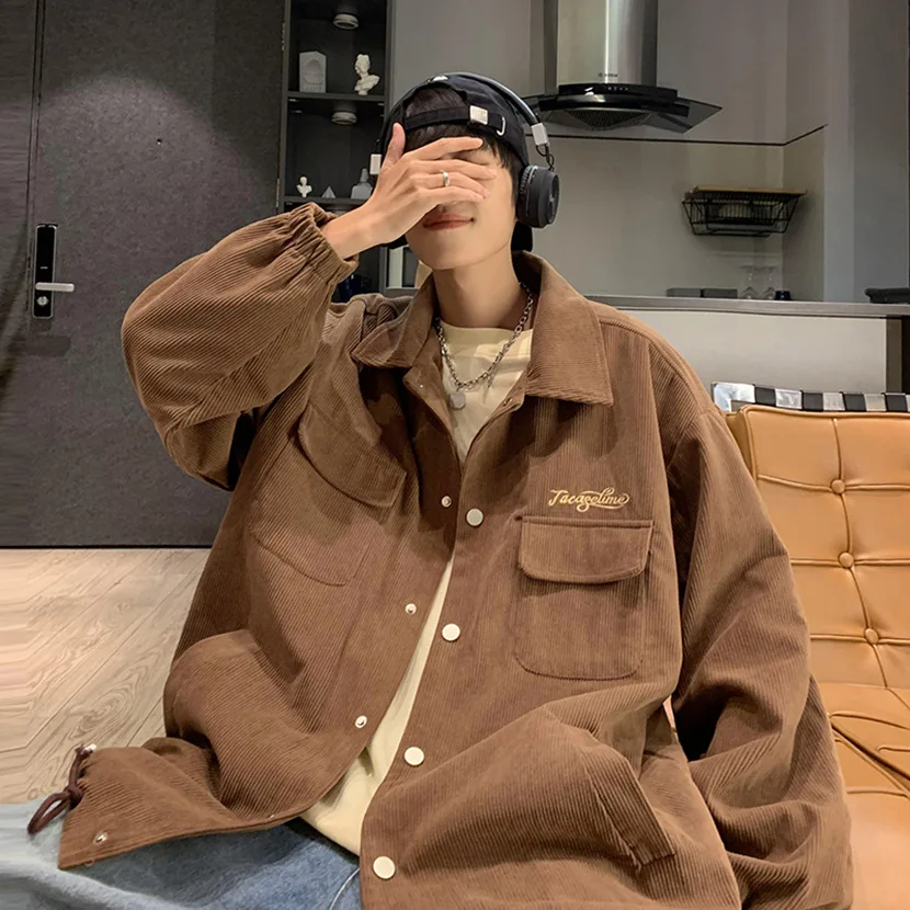 

Retro American Sle Men's Jaet Spring Autumn Casual Loose Sports Top for Teenagers Trendy Clothes Button Decoration Windproof