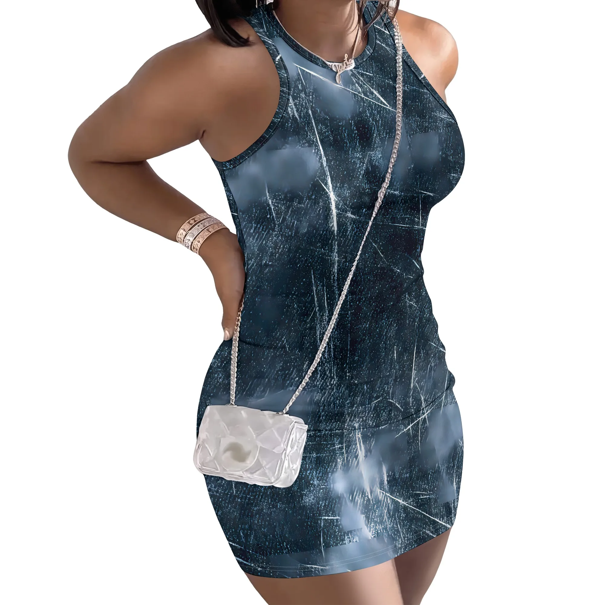 Abstract Print, Halter Dress, Blue Texture, White Streaks, Bodycon Fit, Clubwear, Party Night Out, S-2XL