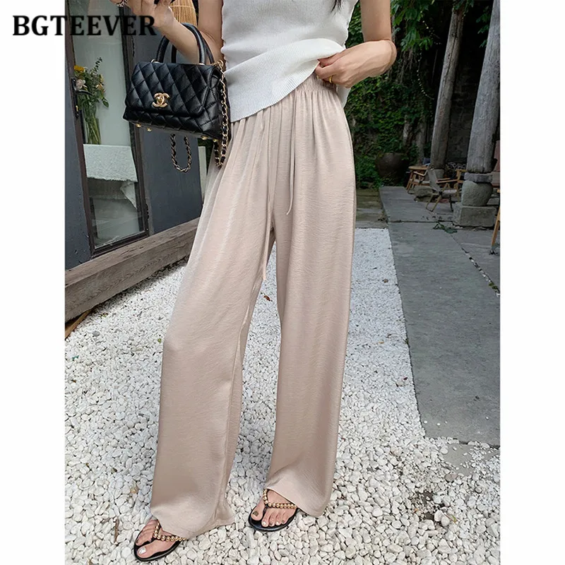 

BGTEEVER Spring Summer Lace-up Elastic High Waist Ladies Floor-Length Straight Trousers Casual Loose Female Wide Leg Pants