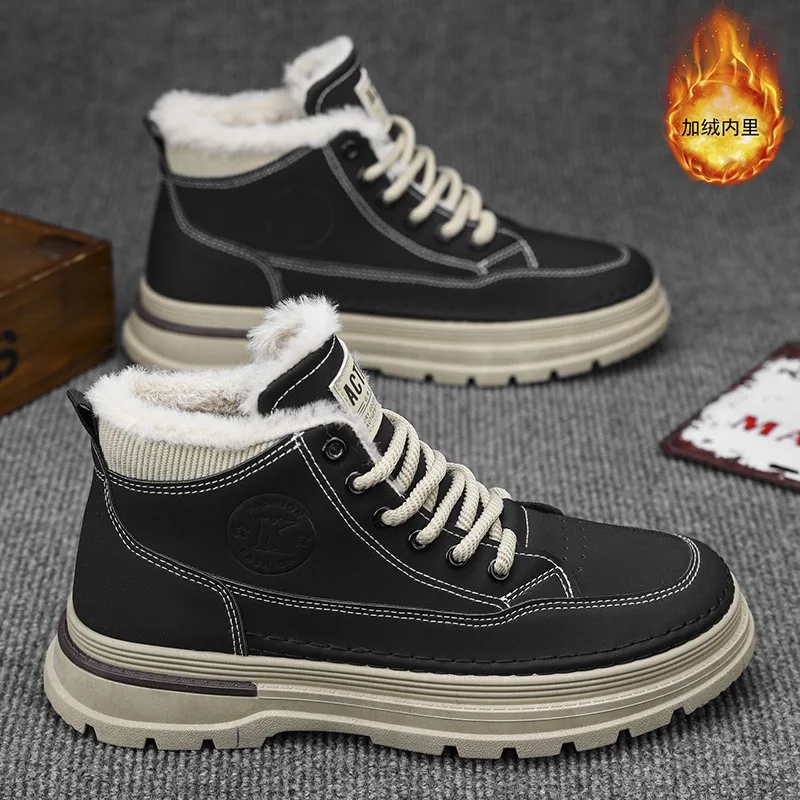 

Winter Men's Shoes Fashion High Top Leather Boots for Men Plush Warm Cotton Shoes Outdoor Non Slip Hiking Boots Botas Masculinas