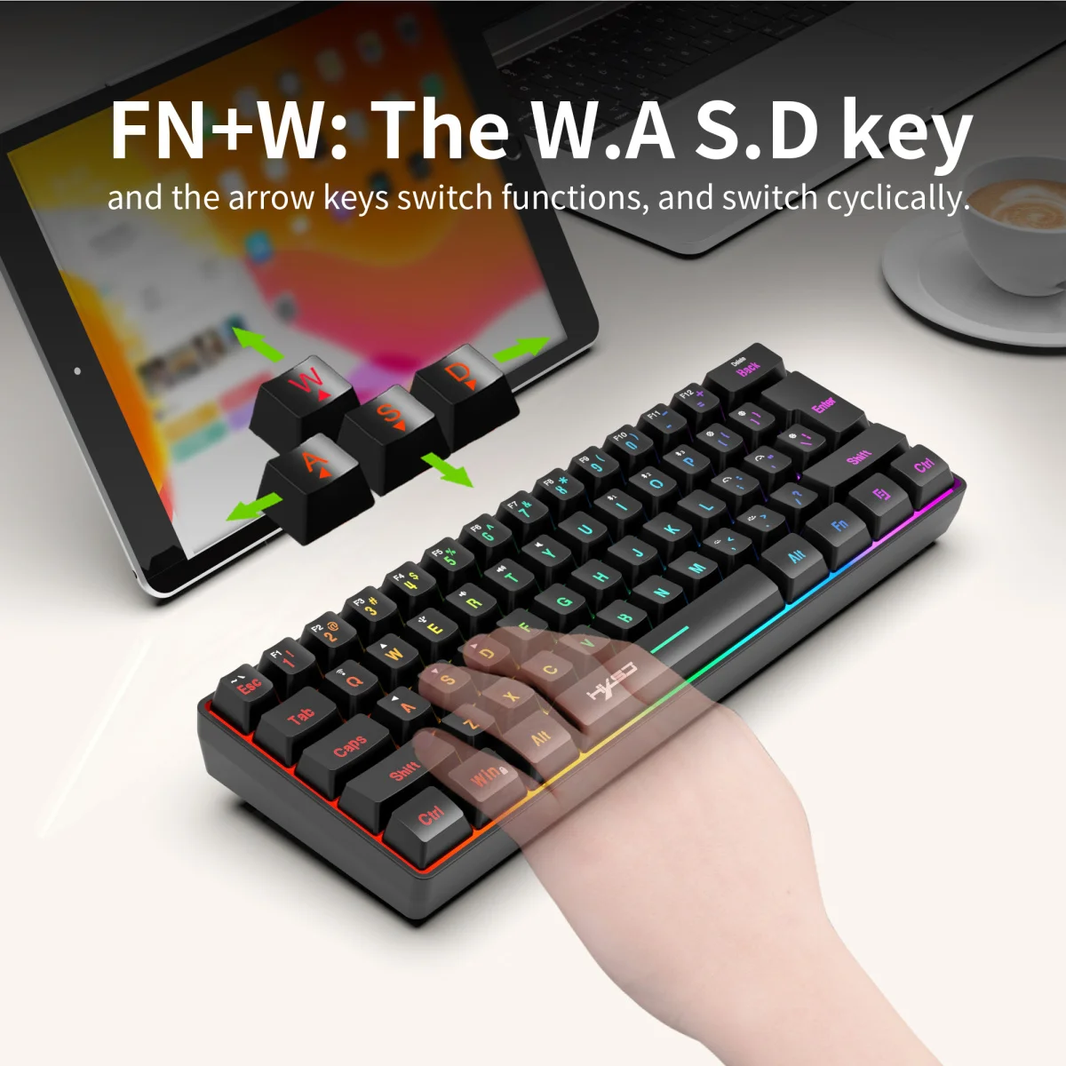 HXSJ new mini 61 key three mode wired wireless film keyboard RGB light two-color injection molding key cap USB-C wire separation