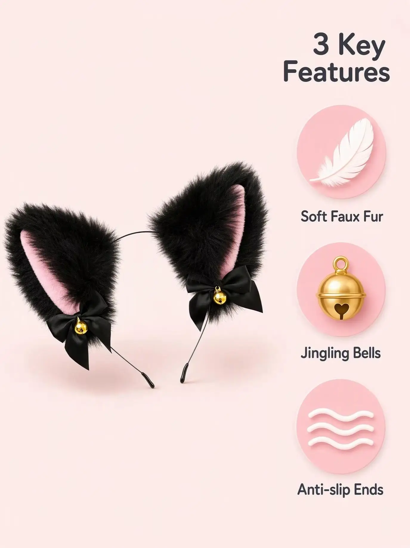 Black Plush Cat Ear Headband with Bells, Soft Furry Cosplay Hair Accessory