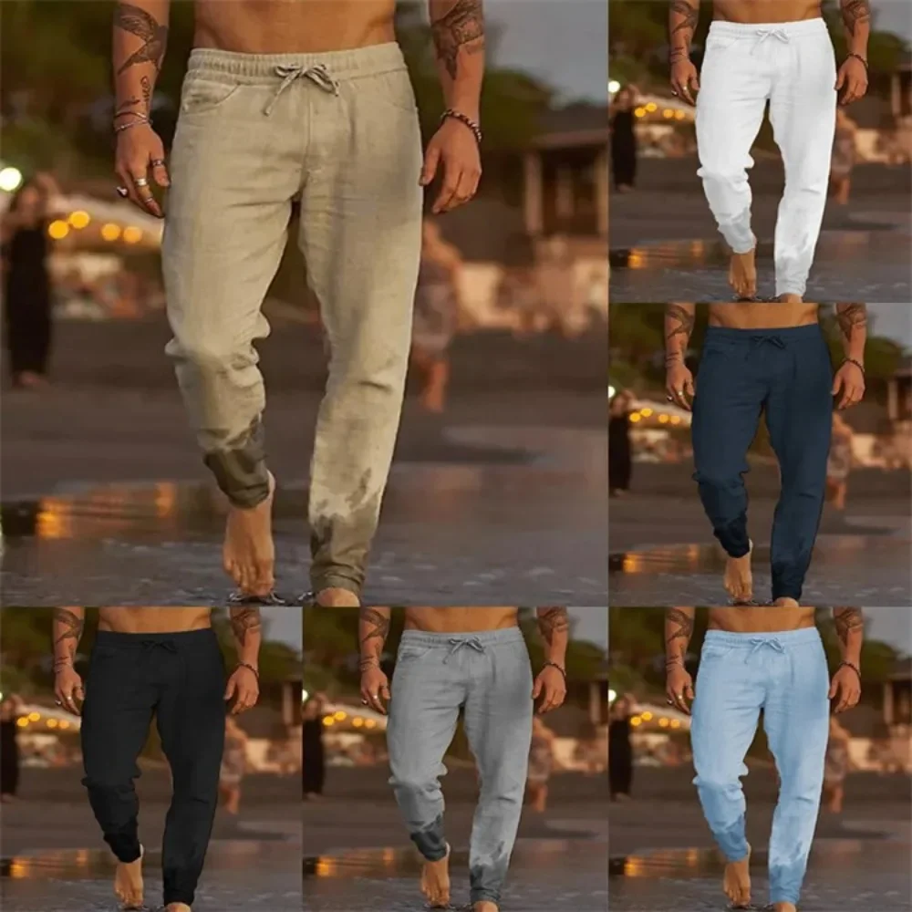 

New Men's Pants Solid Color Drawstring Cotton and Linen Loose Casual Beach Casual Male Sweatpants