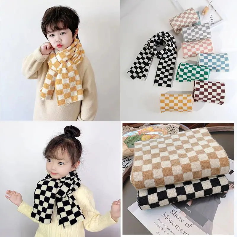 Children\'s scarf black and white checkerboard checkerboard Instagram baby scarf autumn and winter Korean edition warm neck boys