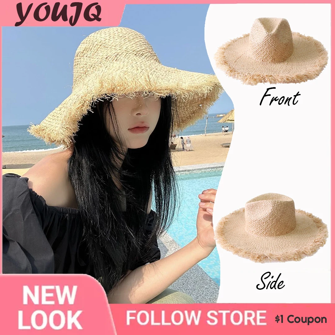 Summer Natural Raffia Straw Cap Large Wide Brim Sun Hats for Women Panama Ladies Anit-uv Travel Holiday Beige Beach Floppy Hat