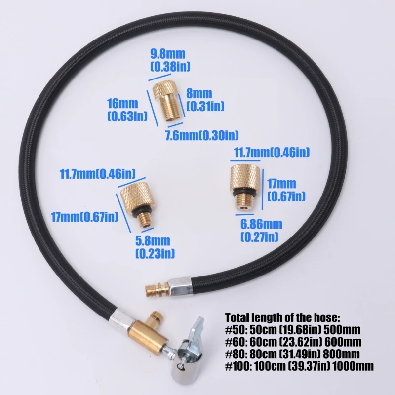 Tire Inflator Hose Adapter Set, Braided Replacement Hose with Clip-On Chuck, 3 Brass Adapters for Tire Care and Garage Use X37F