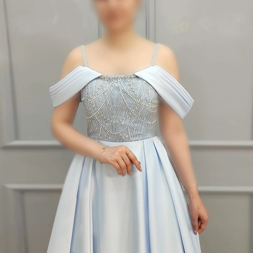 Vestido de noche elegante árabe con tirantes finos y perlas para mujer, vestidos largos formales de satén Aline para fiesta de graduación y boda, personalizados, 2024