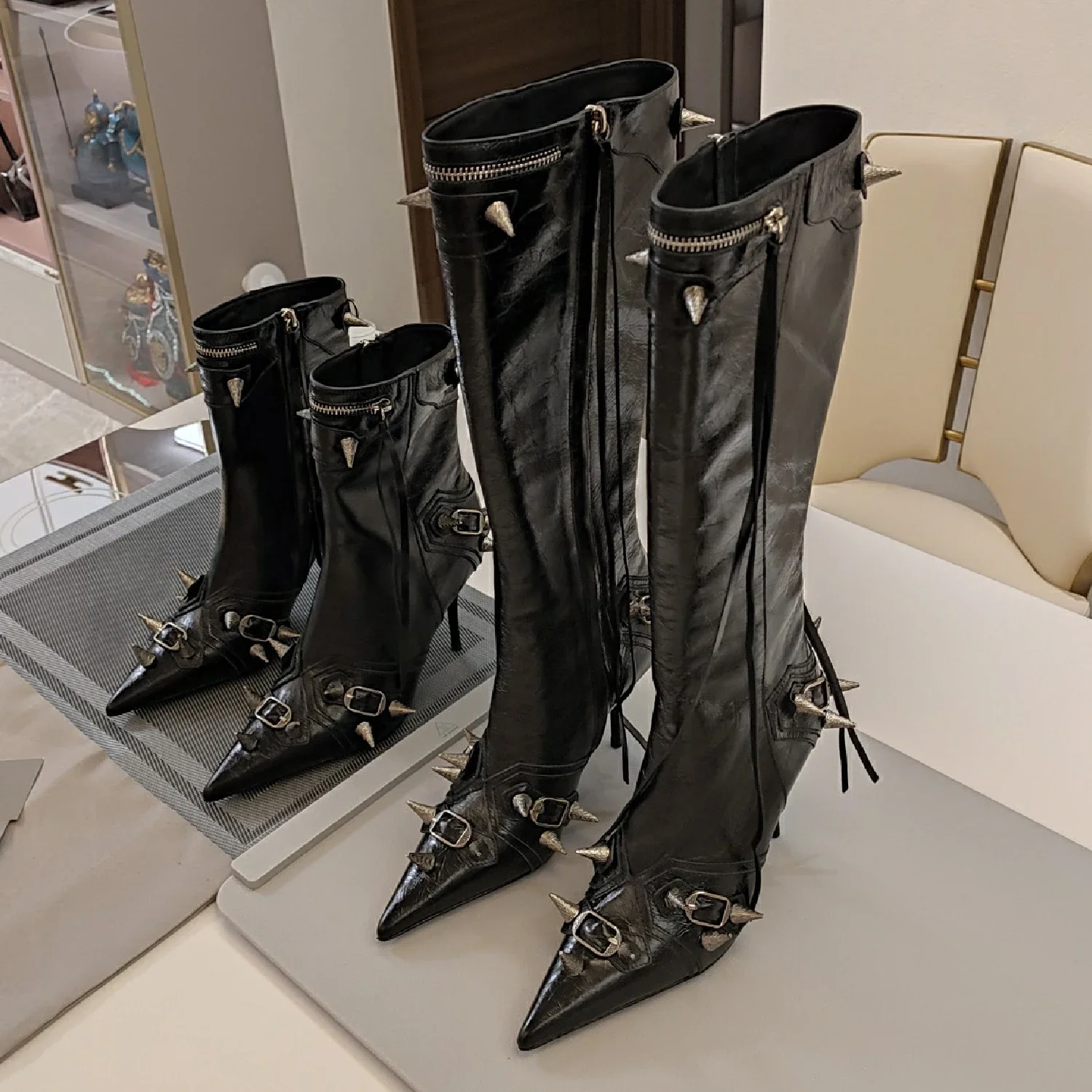 

NIGO Women's Rivet Pointed Toe Side Zipper Thigh High Boots Vintage Moto Style Shoes Fashion Cowhide Short Boots #NGSH1437