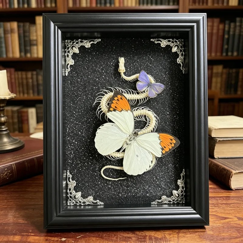 Real Snake Skeleton & Butterfly Specimen Frame 18x23cm Gothic Shadow Box Wall Art Macabre Oddities Decor