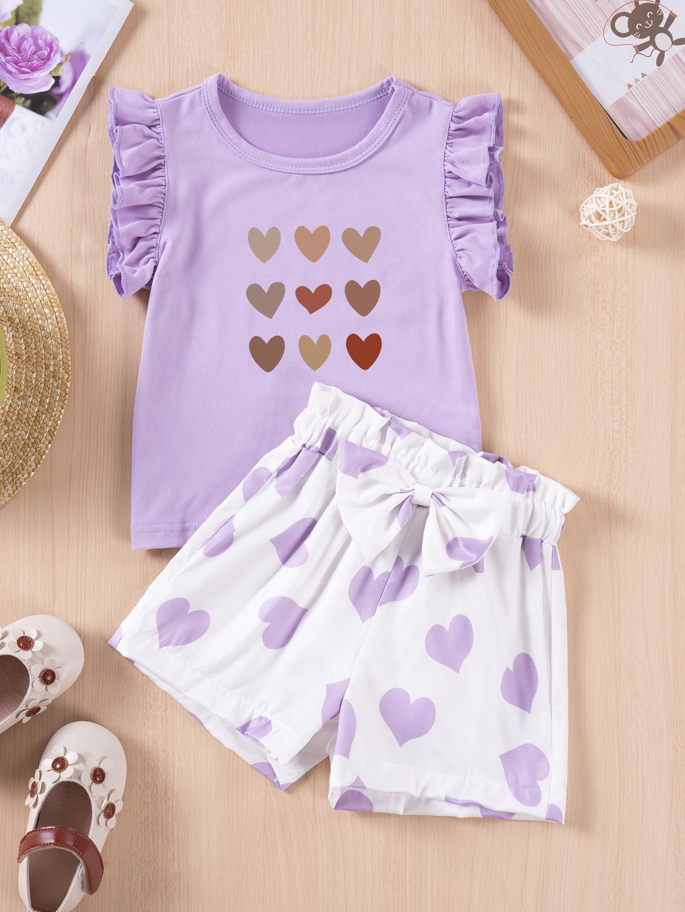 Kids 2Pcs Sets Girl's Heart Print Bow Decor Top+Shorts Two Piece Set, Plain Cap Sleeve Top Summer Cute Casual For Daily Wear
