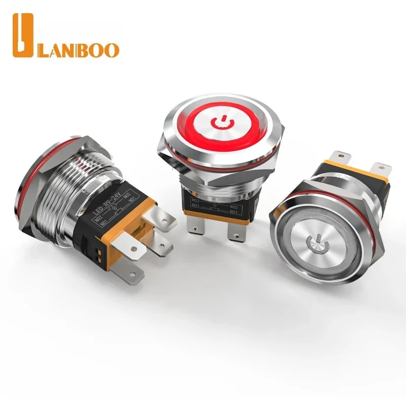 LANBOO 22mm 15A High Current Stainless Steel Push Button Switch with LED 24V 220V Momentary Latching 2NO