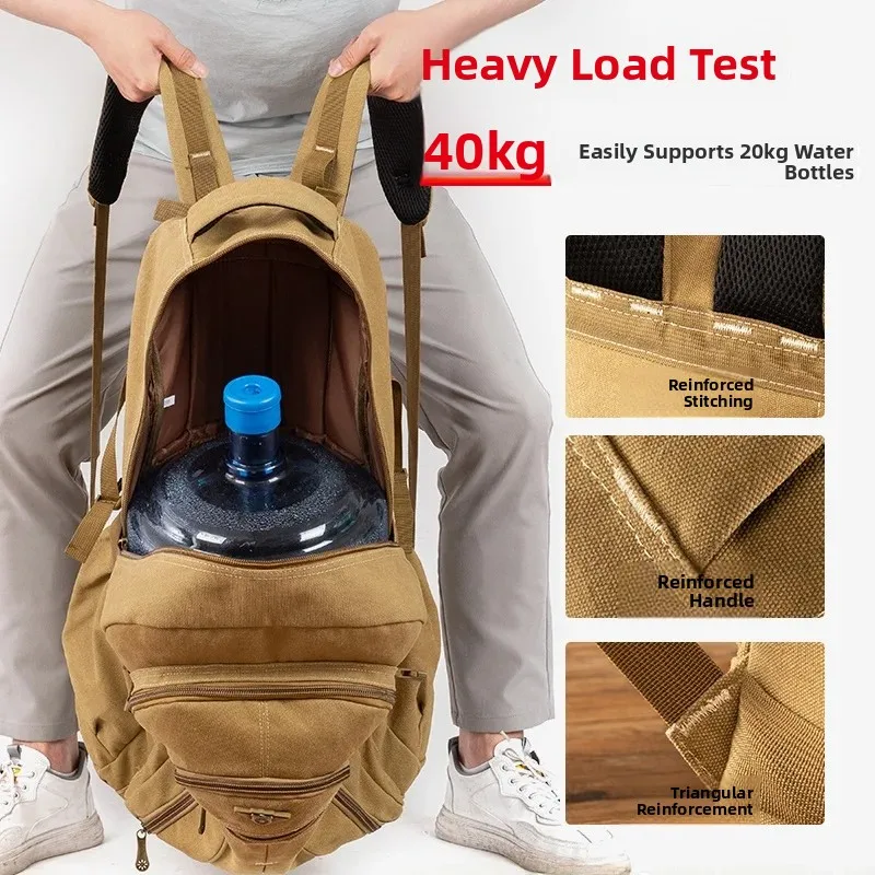 Large Capacity Canvas Backpack Khaki Travel Bag for Men Mountain Climbing Durable Tool Bag Soft Handle Lightweight Waterproof