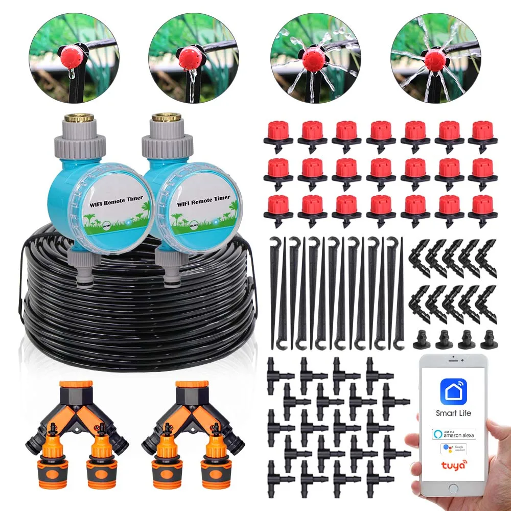 

Smart WiFi Timer Garden Automatic Irrigation Kit 1/4'' Hose Adjustable Rotating 8-hole Nozzle APP Remote Watering Control System