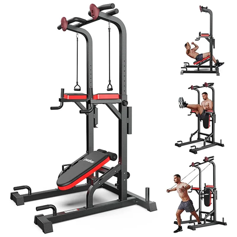 Pooboo Adjustable Power Tower, 450lbs Capacity Strength Training Station with 11 Height Levels for Pull Ups, Dips, Knee Raises & Push Ups