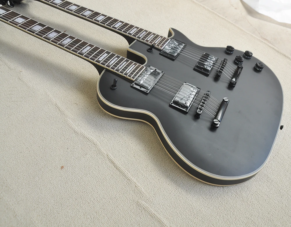 Matte Black 12+6 Strings Double Necks Electric Guitar with Black Hardware,Rosewood Fretboard