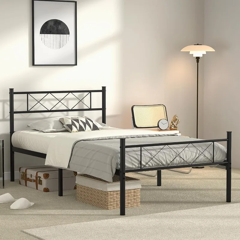 Twin Size Bed Frame with Headboard, Heavy-Duty Platform with Metal Slats Support, No Box Spring Needed/Easy Assembly, Mat