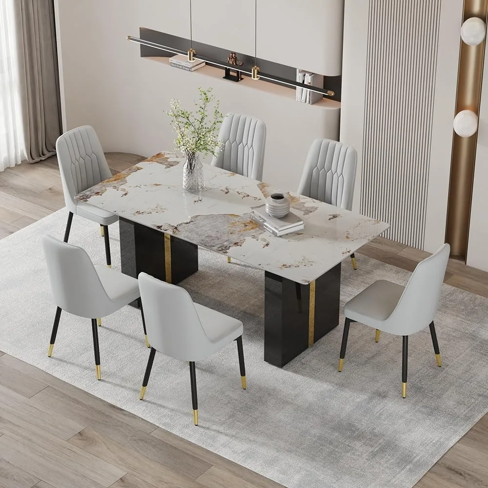 

7 Piece Dining Table Set,71" Morden Faux Marble Dining Room Table Set for 6,Kitchen Table Chairs Set of 6 for Kitchen