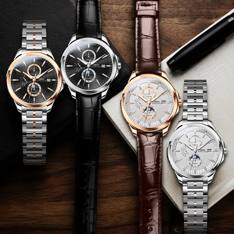 LOBINNI 2025, nuevo diseño, pantalla del mes de fin de semana, puntero luminoso, fecha, relojes de pulsera automáticos para hombres con correa de cuero