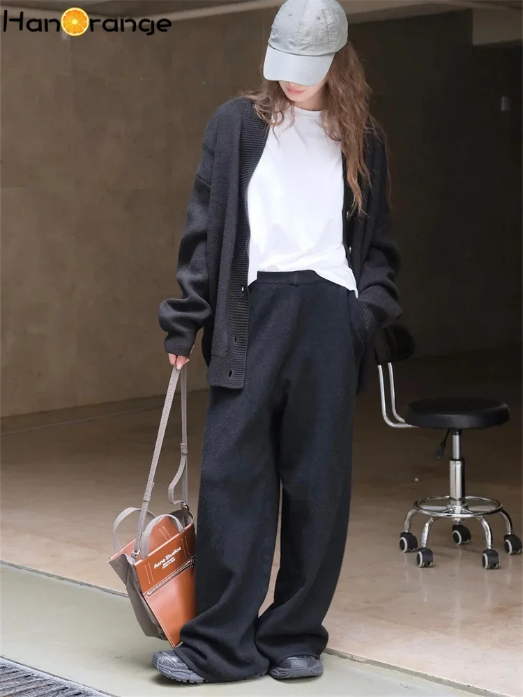 HanOrange 2024 Autumn Winter Simple Straight Tube Hanging Wool Knitted Pants Soft Knitted Trousers Grey/Black/Stone Green