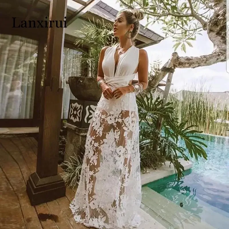 섹시한 여성 민소매 레이스 하이웨이스트 드레스 여성용 흰색 롱 맥시 드레스 사이다 페미니노