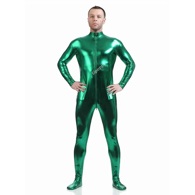 Corpo inteiro Unitard personalizado pele Bodysuit, preto brilhante metálico calças justas, ouro Zentai terno, macacão, X